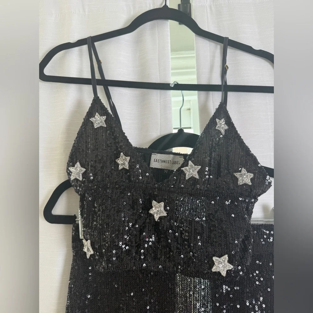 East N West Label Black sequin star crop top & mini skirt set festival | Size M - Picture 12 of 17